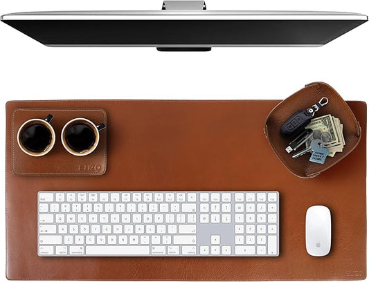 ELIZO Leather Desk Pad Real Leather Desk Mat Thick (3mm) Double Layer (32x16) Cover Blotter Desk Protector Large Computer Mat for Keyboard Mouse Pad Table Laptop Mat Office Accessories - Camel