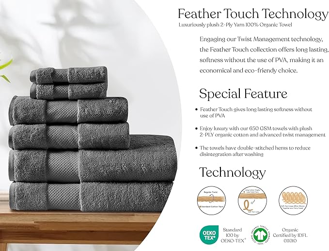 100% Organic Cotton Towels 650 GSM Plush Feather Touch Quick Dry Towel, 6-Piece Towel Set GOTS Certified, Oeko-Tex Green Certified, 1 Bath Towel, 1 Bath Sheet, 2 Hand Towels & 2 Wash Cloths