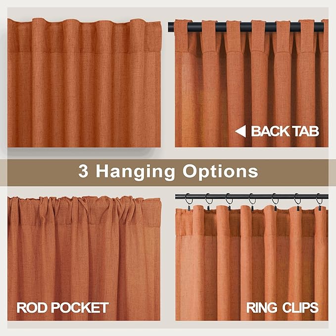 Burnt Orange Curtains 96 Inches Long for Living Room 2 Panels Back Tab Pocket Draperies Semi Sheer Linen Boho Fall Curtain for Bedroom Rustic Cottage Decor Terracotta Colored Tangerine Pumpkin 52x96
