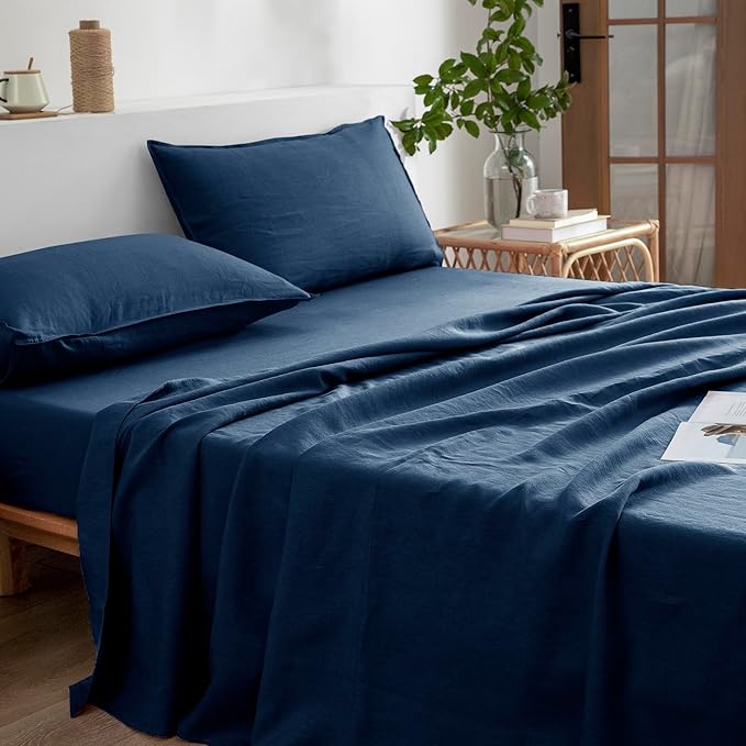 EVERLY Linen Sheets Set Queen Size,100% French Stonewash Pure Linen Sheets Set,4Pieces (1Flat Sheet,1Fitted Sheet,2Pillowcase) Suitable for Hot Sleepers,Deep Pocket Natural Bedding Set-Navy Blue