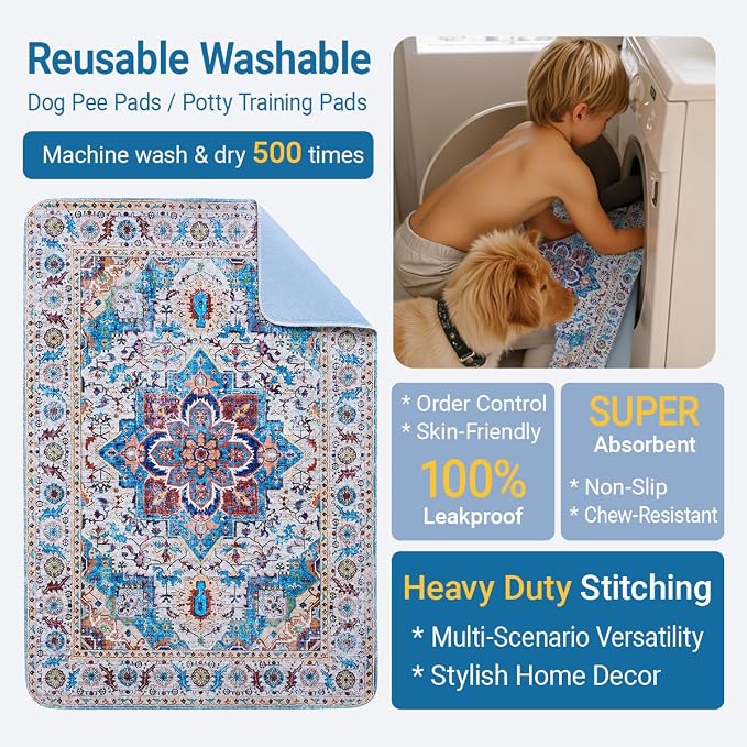 Washable Dog Pee Pads - 2 Pack， 48x36 Inch Large Reusable Absorbent Waterproof Puppy Potty Training Pads, Non-Slip Leakproof Whelping Pet Boho Mat for Crate, Playpen， Kennel & Indoors