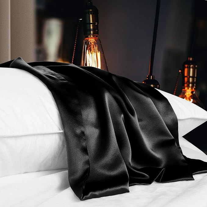 uxcell 1 Pack 100% Charmeuse Pure Silk Pillowcase for Hair and Skin, 350TC 19 Momme Soft Breathable Pillow Case with Hidden Zipper, Black King(20x36inch)