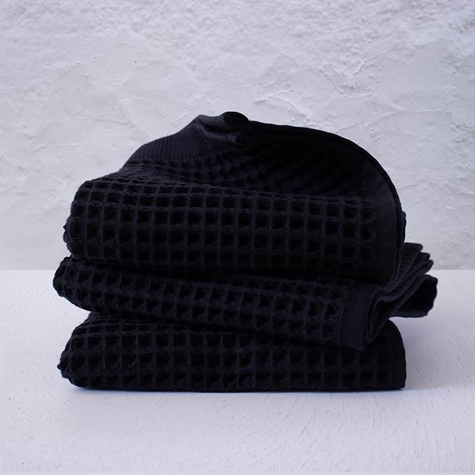 PÜSKÜL - Set of 3 Organic Waffle Hand Towel Black - Premium Quality, 100% Turkish Cotton, Soft, Quick-Dry, Absorbent, Lint-Free Face Kitchen Hand Towels (Black, Hand Towels - Pack of 3)