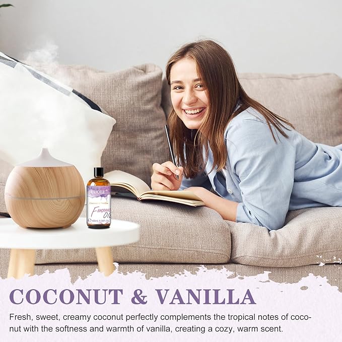 EUQEE 100ML/3.38 Fl Oz Coconut & Vanilla Fragrance Oil with Glass Dropper, Essential Oil for Diffuser for Home, Yoga, Long Lasting Scented Oil for Candle Making, Handmade Soap Making, DIY Perfume