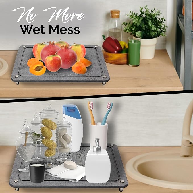 Stone Dish Drying Mat for Kitchen Counter, Absorbent Quick Drying with Non-Slip Feet - Heat Resistant ( 15.7 x 11.8 ) Diatomaceous Earth - Dark Gray