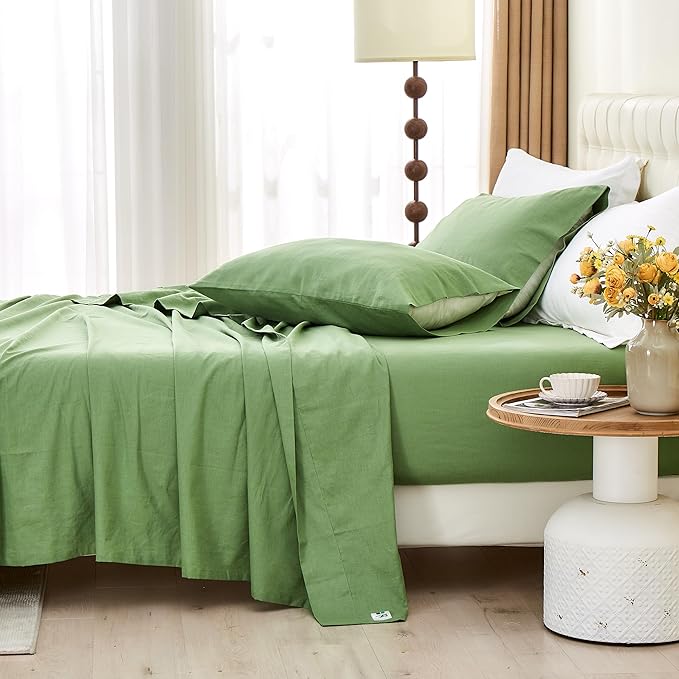 BISELINA Linen Sheet French Flax Flat Sheet Only 55% Euro Linen 45% Cotton Basic Style Solid Color Soft Breathable Farmhouse Top Sheet 1-Piece (Full, Khaki Green)