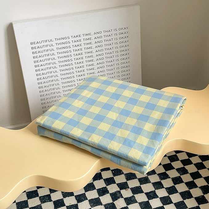 mixinni Plaid Duvet Cover Set Twin Yellow - Soft Washed Cotton Modern Geometric Bedding Set with 2 Pillowcases, Blue Green Gingham Grid Twin Duvet Cover for Men & Women, Soft & Lightweight