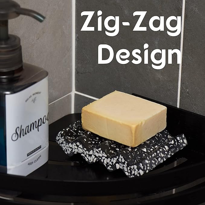 Tapeera Zig Zag Terrazzo Stone Soap Dish for Bathroom Sink - Concrete Soap Saver for Bar Soap Holder for Shower - Sponge Holder - Self Draining Soap Dish Holder - Kitchen Soap Tray (Black)
