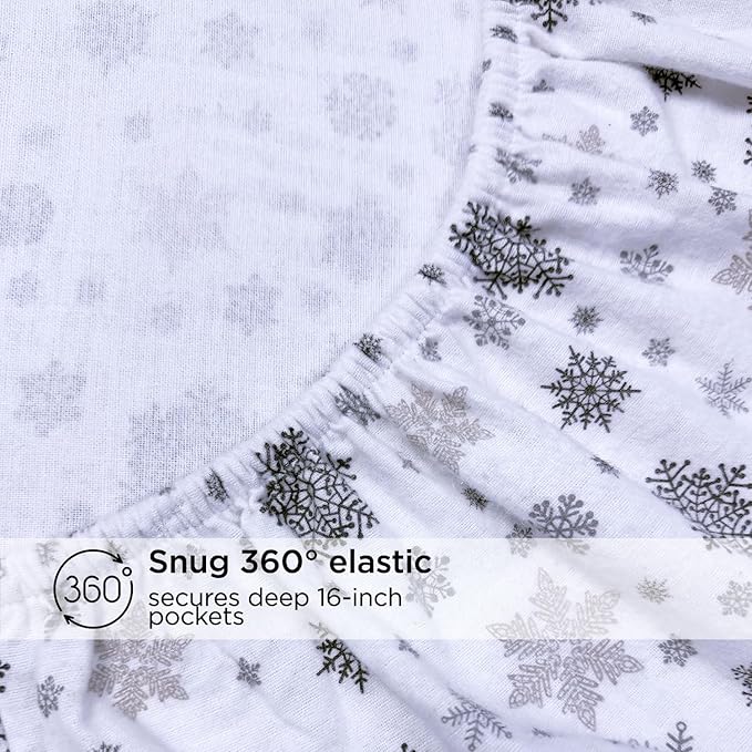 Briarwood Home® Printed Flannel Sheet Set, 100% Natural Cotton, Soft, Warm & Deep Pocket, Advanced Nano-Tech Making it Resistance to Pilling; Brushed 6 Times for Softness (Snowflakes, King)
