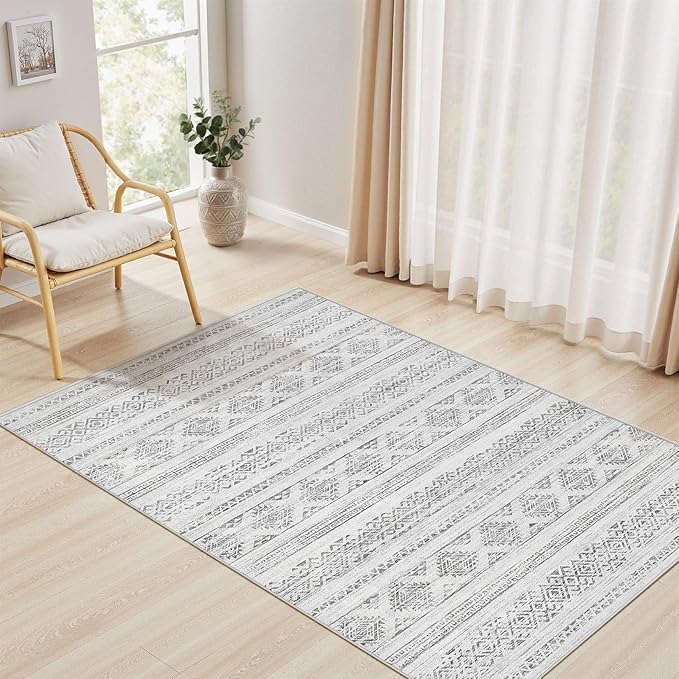 Tortania Area Rug Living Room Rugs - 3x5 Washable Soft Neutral Boho Moroccan Farmhouse Mat Indoor Floor Carpet for Bedroom Under Dining Table Home Office Decor - Ivory Gray