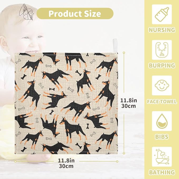 Baby Doberman Cartoon Dog Msulin Washcloths Newborn Face Towel - Baby Muslin Burp Cloths 5 Pack Soft Absorbent Natural Cotton Wash Towel 11.8"X11.8" Baby Bath Towels Wipes