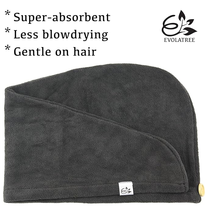 Evolatree Microfiber Hair Towel Wrap for Women – Quick-Dry Anti-Frizz Hair Turban with Wooden Button, Designed in Canada for Mindful Hair Care – Raven Dark Gray