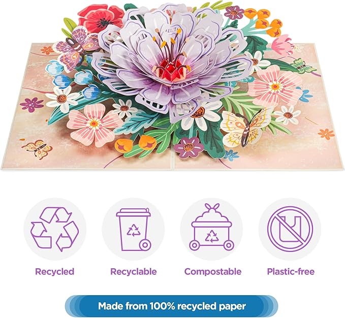 Frndly by Paper Love 3D Floral Bliss Pop Up Card, Gift for Birthday, Wedding, Anniversary, Thank You, Get Well, Valentine’s Day, Mother’s Day & All Occasions, 100% Recycled & Eco-Friendly, 8" x 6" Cover, Includes Envelope and Note Tag