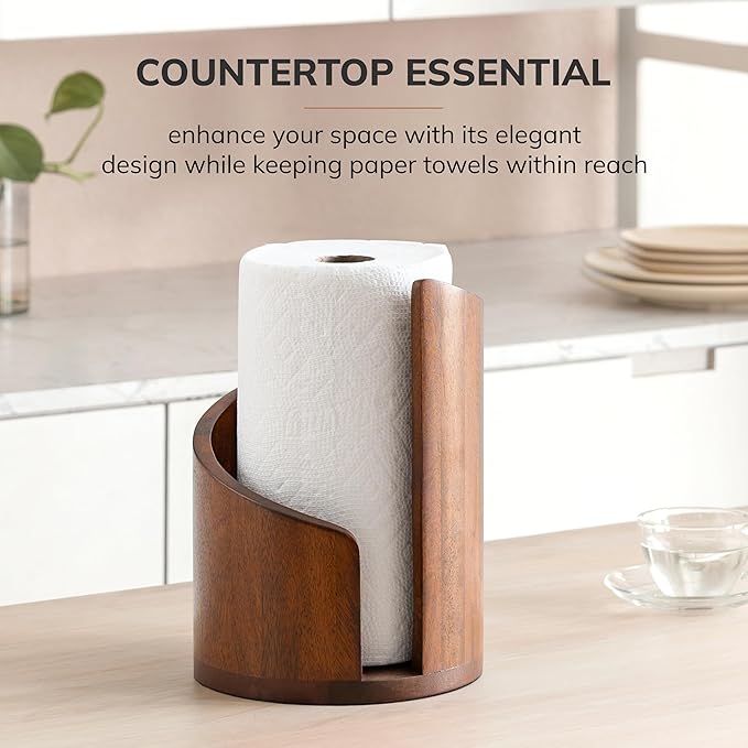 Anji Mountain Wooden Paper Towel Holder Countertop with Mango Wood Round Base and Iron Holder, Holder Stand for Kitchen Roll Organizer & Kitchen Dining Table Home Decor - Walnut/Black, Classic