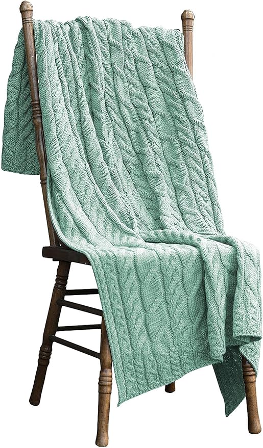 Aran Woollen Mills Irish Cable Knit Blanket Supersoft Merino Wool Throw Made in Ireland 40" x 60" (Seafoam Green)
