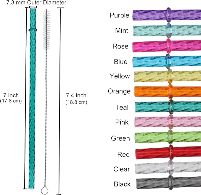 Dakoufish 7 Inch Reusable Clear Plastic Swirl Drinking Straws for 10 oz & 12 oz Short Mini Mason Jar Tumblers,Set of 12 Pcs Replacement Straws with Cleaning Brush (7inch,12color)
