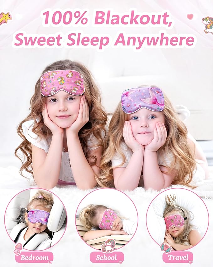 BeeVines Kids 100% Real Mulberry Silk Sleep Mask 2 Pack, Original Design Pure Silk Sleeping Eye Masks for Girls, Skin-friendly Blackout Eye Cover, Adjustable Strap, Reduce Puffy Eyes, for Travel Gifts