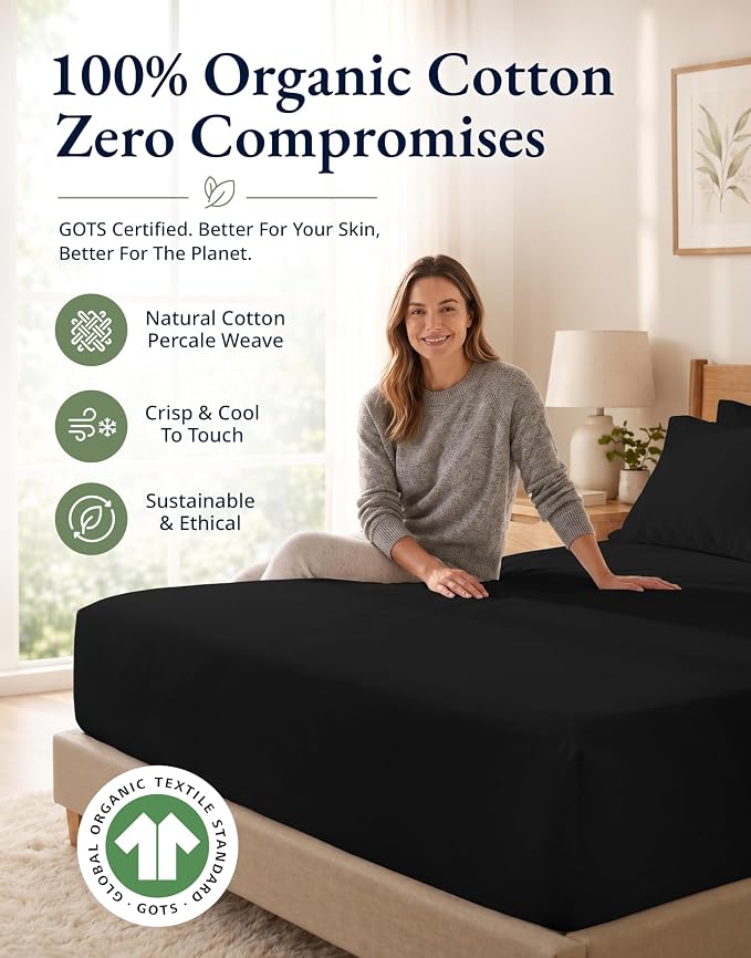 LANE LINEN 100% Organic Cotton Twin XL Fitted Sheet & Pillowcase - Soft & Breathable Percale Weave Set for Naturally Cooling Behaviour - 15''Deep Pocket for Snug Fit - GOTS Certified - Black