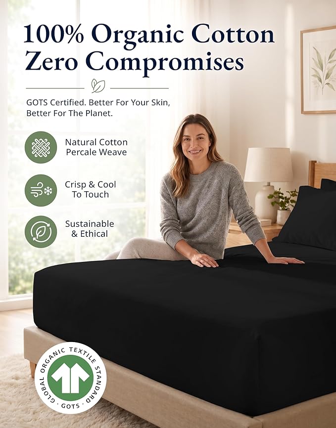 LANE LINEN 100% Organic Cotton Full Fitted Sheet & Pillowcases (No Flat Sheet) - Soft & Breathable Percale Weave Set for Natural Cooling - 15'' Deep Pocket for Snug Fit - GOTS Certified - Black