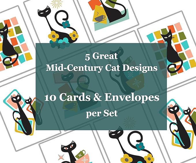 Mid Century Modern Cats Greeting Cards - Set of 10 All Occasion 5x7 Note Cards with Envelopes. Blank Inside. Assorted Modern Abstract Mid-Century Designs.