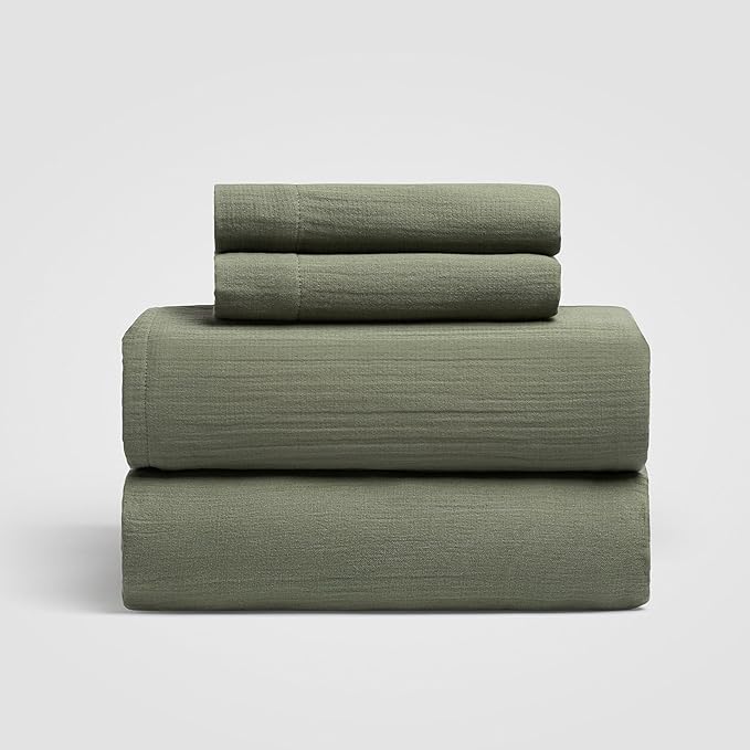 Zen Full Sheet Set, Sage Green 100% Cotton Gauze 4-Pc. Sheet Set, Oeko-TEX Certified Full Sheets, with Flat Sheet, Fitted Sheet and 2 Pillowcases, Earth Tone Bedding