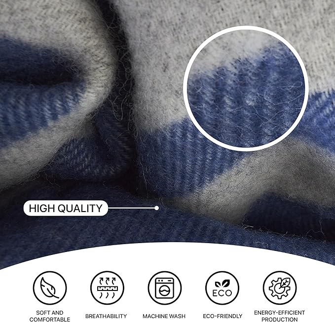 | Wool Blanket/Throw | 100% New Zealand Wool | Perfect for Home and Outdoors | Virgin Wool Blanket with Fringes 55"x79" (140 x 200 cm) (Indigo Blue)