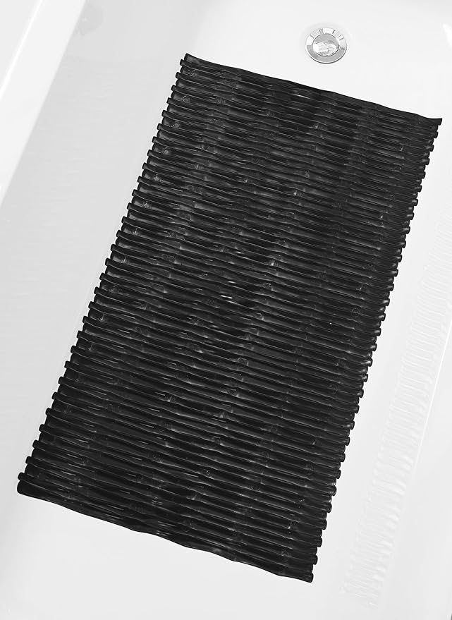 "Bamboo Non-Slip Bath Tub Mat - Non-Toxic - Safe, Clean, Machine-Washable, Superior Grip & Drainage - Non-Slip Bath Mat - Vinyl - for Smooth/Non-Textured Tubs Only - Opaque Black