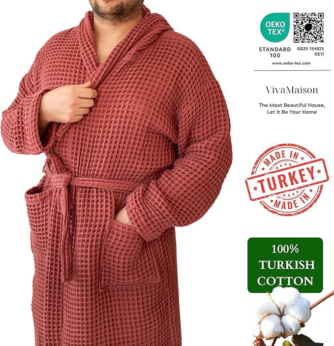 Unisex Hooded Waffle Robe for Women & Men 100% Turkish Cotton | Quick-Dry Bathrobe | Cozy Housecoat for Lounging