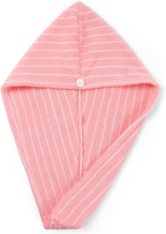 Jacquotha Cotton Hair Towel Wrap for Women (Pink Striped), 1 Pack | Soft Absorbent Quick Dry Hair Drying Towel for Wet Long Curly Hair, Shower Bathroom Spa Travel Pool, 25" x 9.5"