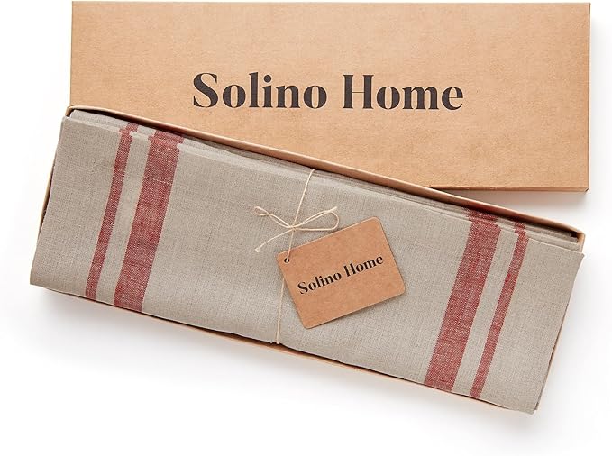 Solino Home Linen Placemats Set of 4 - French Stripe Red and Natural Placemats 14 x 19 Inch - 100% Pure Linen Table Mats