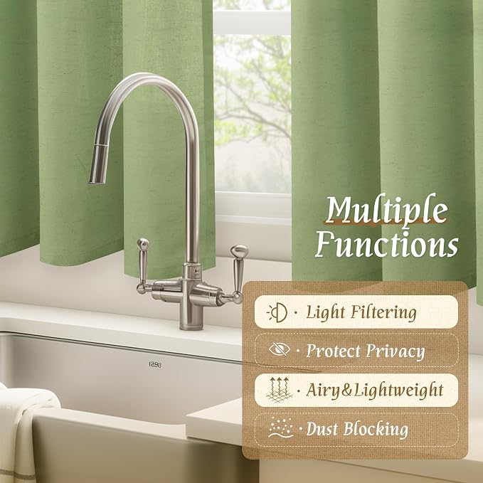 LAMIT Bedroom Linen Curtains 48 Inch Length 2 Panels, Soft Faux Linen Light Filtering Panels Rod Pocket Farmhouse Privacy Drapes for Kitchen/Window/Loft Room, 42 x 48 Inch, Sage Green