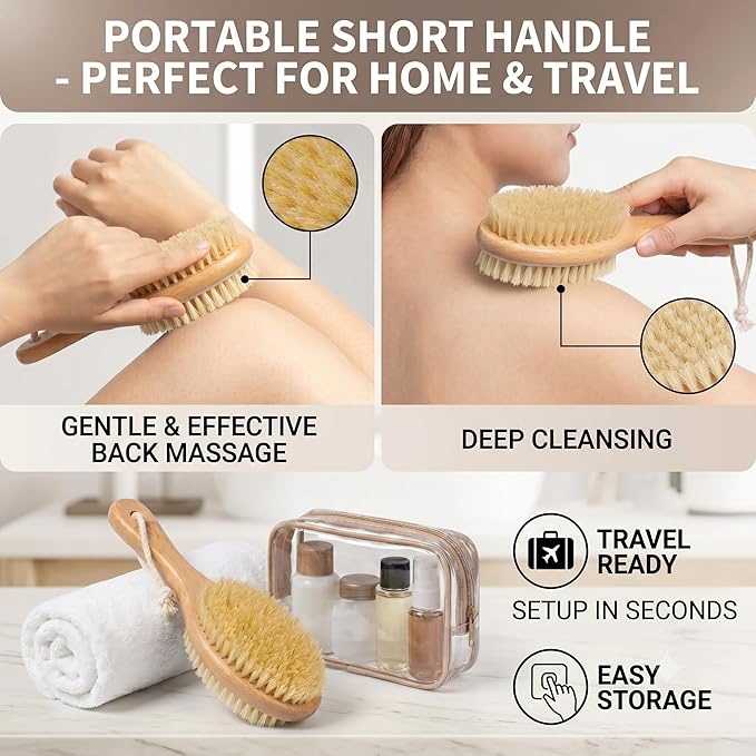 Short-Handle Dual-Sided Bath Massage Brush, Soft Boar & Firm Sisal Bristles, Portable (Natural Beech Wood)