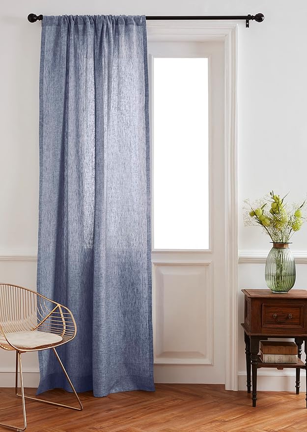 Solino Home European Flax Linen Curtain Chambray Indigo, 52 x 96 Inch Light Filtering Rod Pocket Curtain 96 Inch, 100% Pure Linen Window Treatment for Living Room, Bedroom - 1 Panel