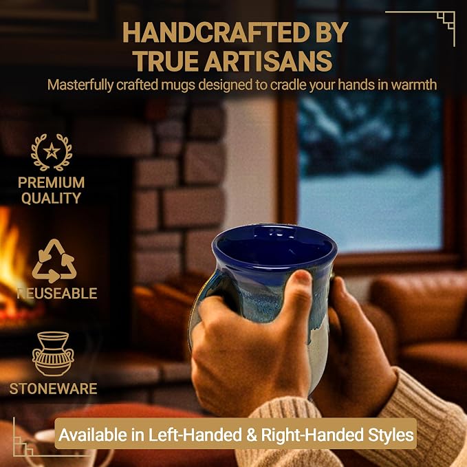 Clay in Motion Hand Warmer Coffee Mug – Handmade Coffee Mug With Comfortable Handle Contoured Pocket Hand Warming Ceramic Coffee Mug – Proudly Made in USA – Left Handed – 14 Oz - Cobalt Canyon