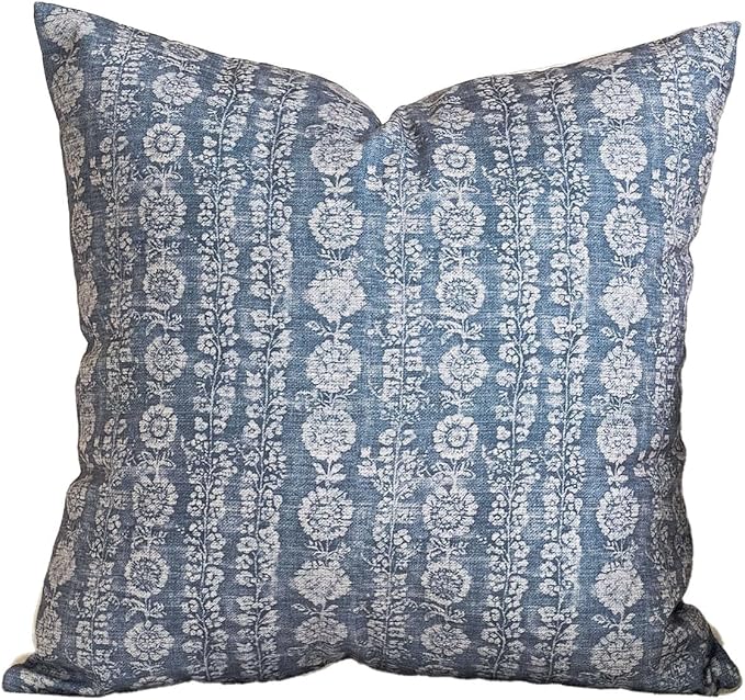 Amor Virisso Vintage Floral Throw Pillow Covers 18x18 Striped Farmhouse Block Print Pillow Cover Boho Neutral Decorative Pillows for Living Room Bed, Dusty Blue
