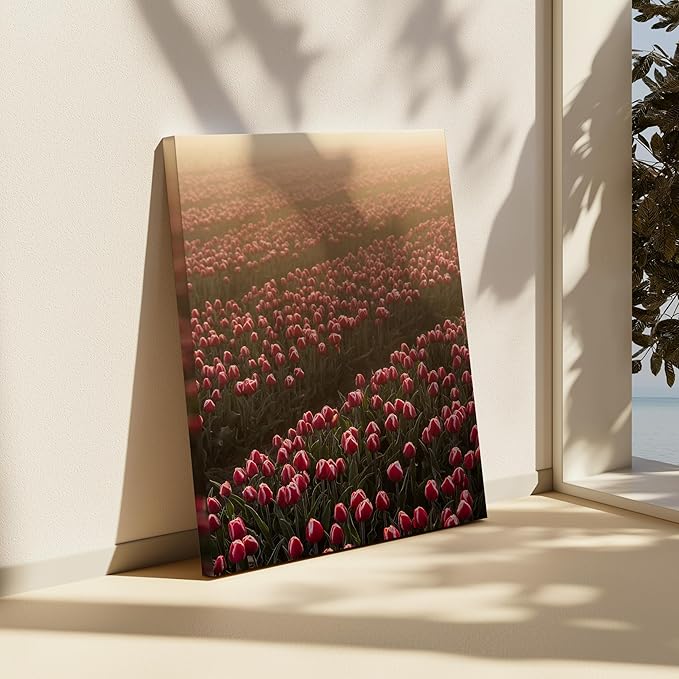 Monem Art Golden Tulip Field Sunset Photography Print - Romantic Spring Landscape Art Poster - Wall Decor for Living Room, Bedroom or Office - 30x40 ROLLED CANVAS Wall Art by Mareike Bohmer