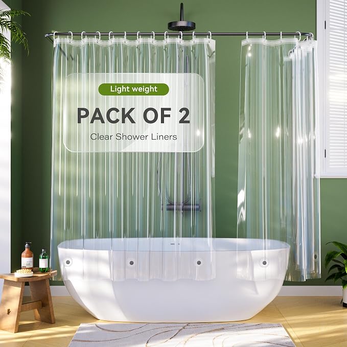 2 Pack Short Shower Curtain Liner 60 inch Length – Clear Waterproof PEVA Bath Curtain Liner with 3 Stronger Magnets, Lightweight Short Shower Liner for Low Tub, Small Bathroom, 72x60 Inch
