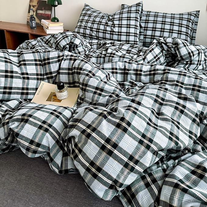 mixinni Vintage Grey & Pale Blue Buffalo Plaid Duvet Cover Set Twin XL Size - 3 Piece Washed Cotton Bedding Set with Grid Pattern, Soft & Breathable Duvet Cover with Pillowcases for Boys, Men& Women