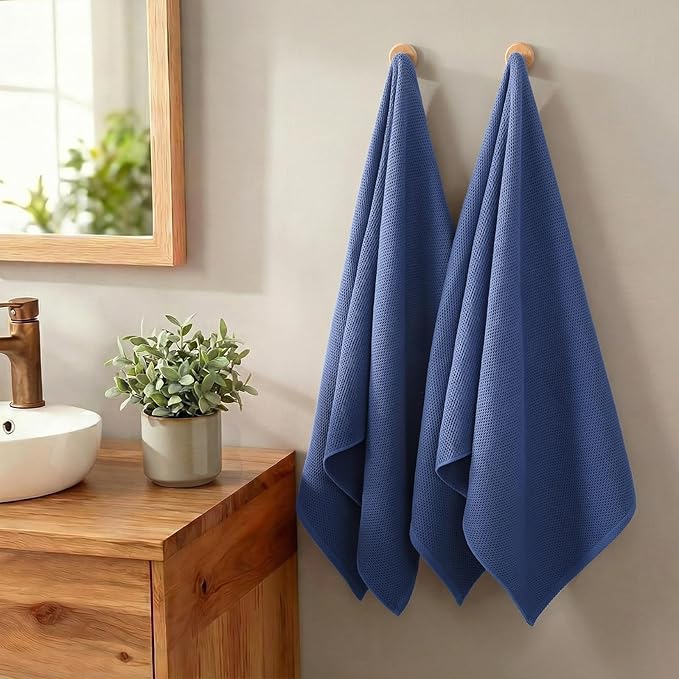 REDKISS 100% Cotton Waffle Weave Bath Towels 4 Pack - 27.5x55 Inches| Lightweight, Quick Dry & Highly Absorbent,Perfect for Spa, Gym, Travel, Guest Bathroom-Blue