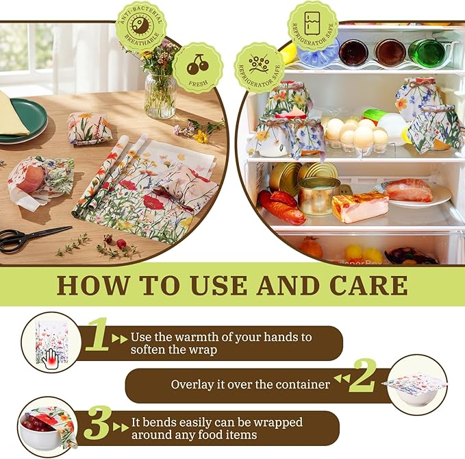 3 Rolls Reusable Beeswax Wraps for Food 13 x 40 Inches Bees Wax Wraps Reusable Food Storage Wrap Beeswax Paper Roll for Bread Sandwich Cheese Fruit Snacks(Spring)