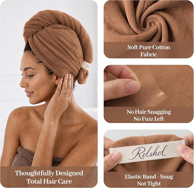 ROLSHOL Cotton Hair Towel Wrap for Women, 2 Pack 100% Cotton Hair Drying Towels for Long, Thick & Curly Hair, 32" x 11" Large Hair Turban for Wet Hair with Elastic Band (Brown)