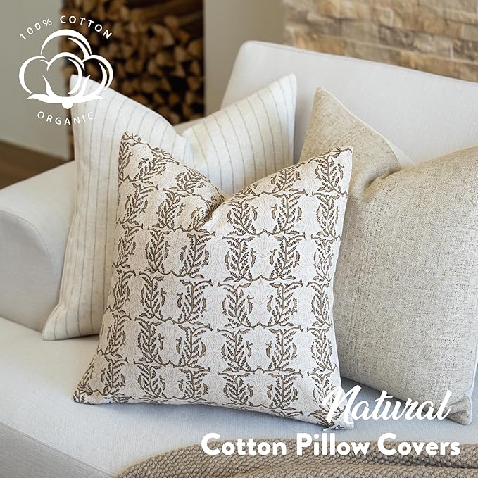 FIOUOVO Floral Throw Pillow Covers 18x18 Set of 2 Block Print Cushion Covers Farmhouse Neutral Accent Decorative Pillow Covers Home Decor for Sofa Couch Living Room Bedroom, Cognac Brown