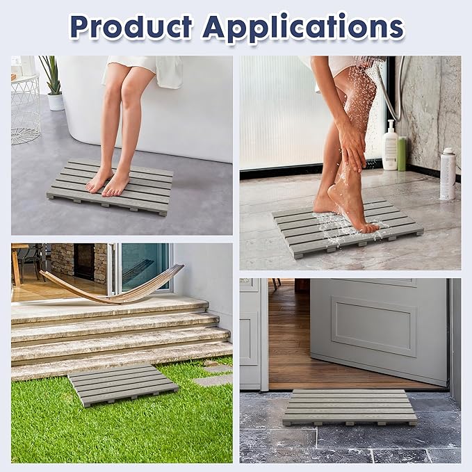 Bamboo-Design Bath Mat, Heavy Duty HDPS Plastic, 19.7" x 13.8", 400lb Support, 100% Waterproof & Fadeproof, Superior to Real Bamboo for Bathroom Spa Sauna Poolside Outdoor (Gray Color)