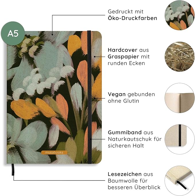 Sustainable A5 Notebook/Journal/Bullet Journal/Writing Book/Notebook Made of Sweetgrass Paper - Nari Colour: Laurel (Lined)