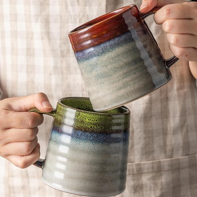 15.5 Oz Large Reactive Glaze Ceramic Mug, Heavy Weighted Stoneware Coffee Cup, Wide Base, Thick Wall Big Tea Cup with Custom Package Box, Microwave & Dishwasher Safe (Light Green)