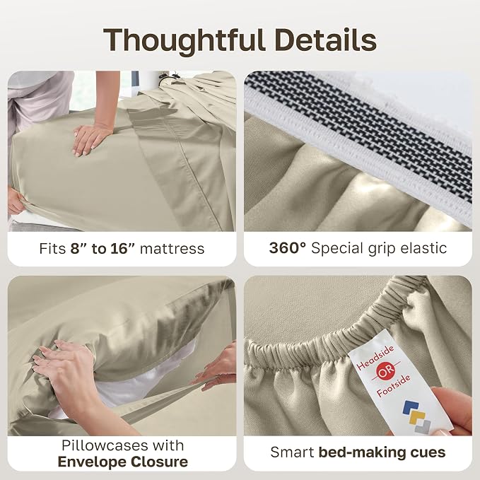 California Design Den Queen Bed Sheets Set - Certified Authentic Luxury 100% Egyptian Cotton Deep Pocket Bed Sheets Set, Soft Sateen, Breathable Sheets for Hot Sleepers, Beige Sheets Queen