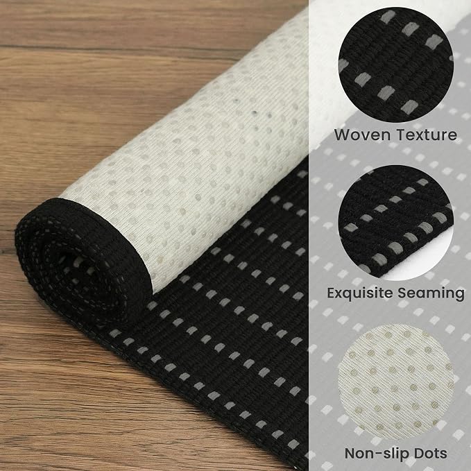 EARTHALL Washable Runner Rug 2x6 Ft Non Slip Runners for Hallways Cotton Rubber Backed Kitchen Runner Braided Indoor Floor Carpet Runners for Entryway, Hallway, Kitchen, Bedroom, Black/Grey