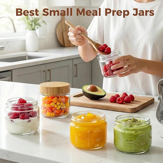 HomArtist 3oz Glass Salad Dressing Containers with Bamboo Lids - 6 Pack Small Airtight Condiment Cups, Mini Sauce Jars for Picnic, Ketchup, Dip & Snacks, Leakproof, BPA-Free & Dishwasher Safe
