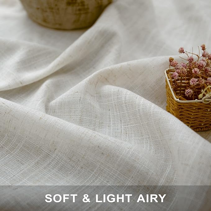 Light Filtering Linen Curtains 54 Inch Length 2 Panels Cream Semi Sheer Airy Light Weight Back Tab Rod Pocket Rustic Neutral Drapes for Bedroom Living Room Home Decor Small Window 34 x 54 Inch Long