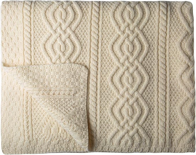 SAOL Luxurios Dara 100% Merino Wool Cable Knit Aran Bed & Couch Sofa Throw/Blanket (Natural) by 69 x 44 inches